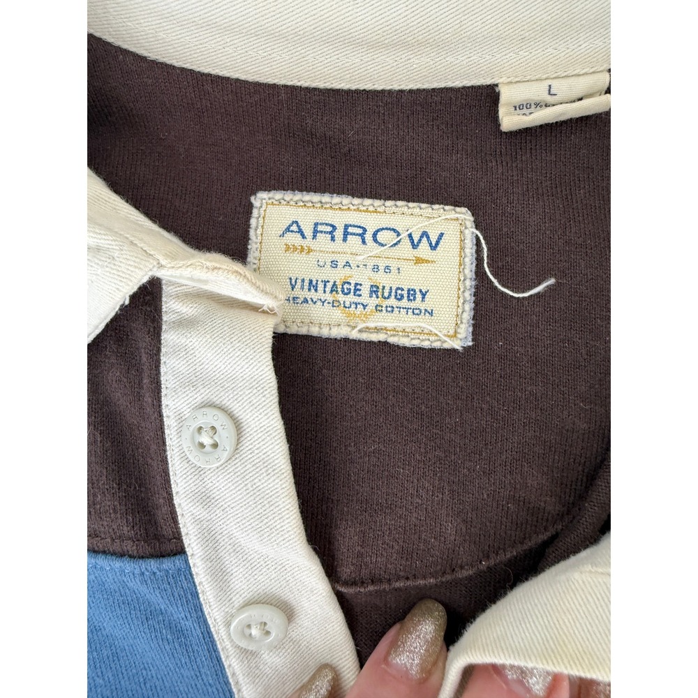 Arrow Vintage Rugby Shirt Mens‎ Large Brown Blue Striped Heavy Duty Cotton Polo - Picture 3 of 9
